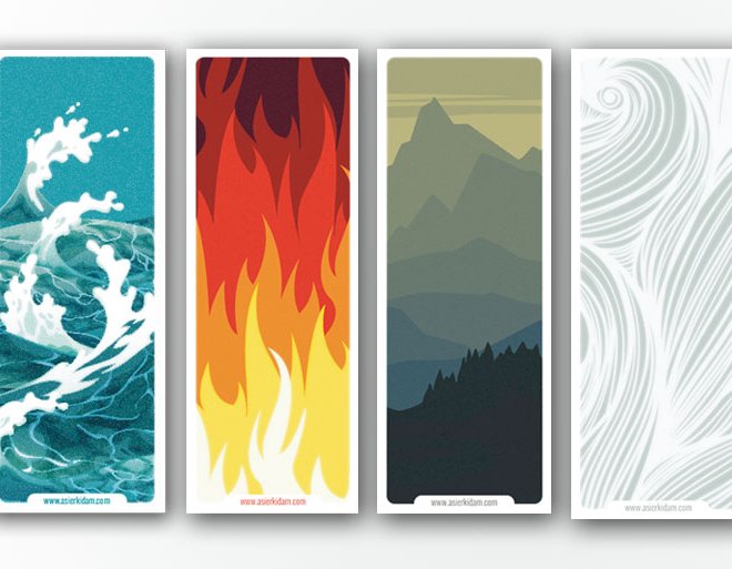 Diseño de tarjetas de los cuatro elementos para espectáculo de Asier Kidam